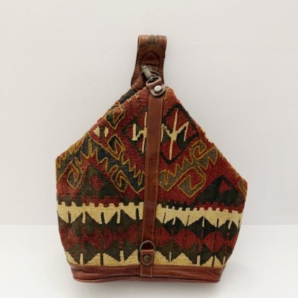 Yun Art Handbags - Yun Art Vintage Kilim Wool Carpet Sling Backpack Leather Trim Tribal Boho